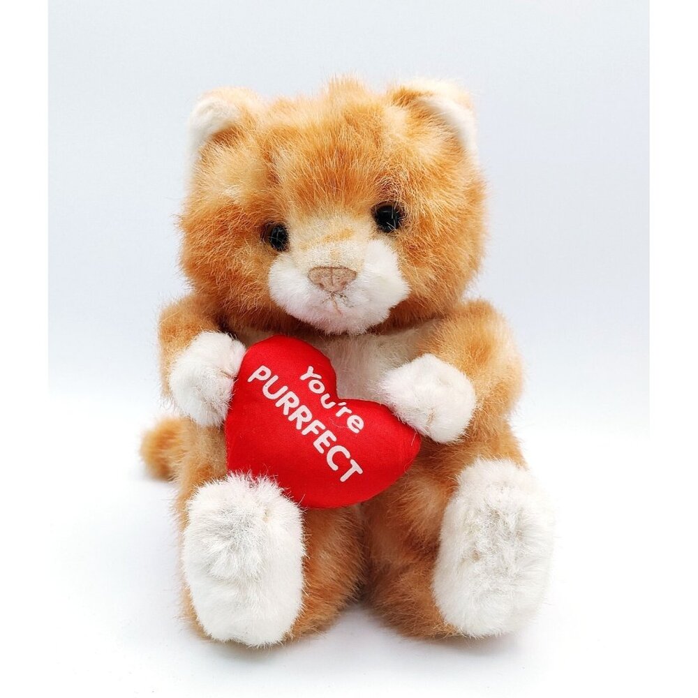 Russ Berrie Plush Orange White Ginger Tabby Cat Holding Heart You're Purrfect